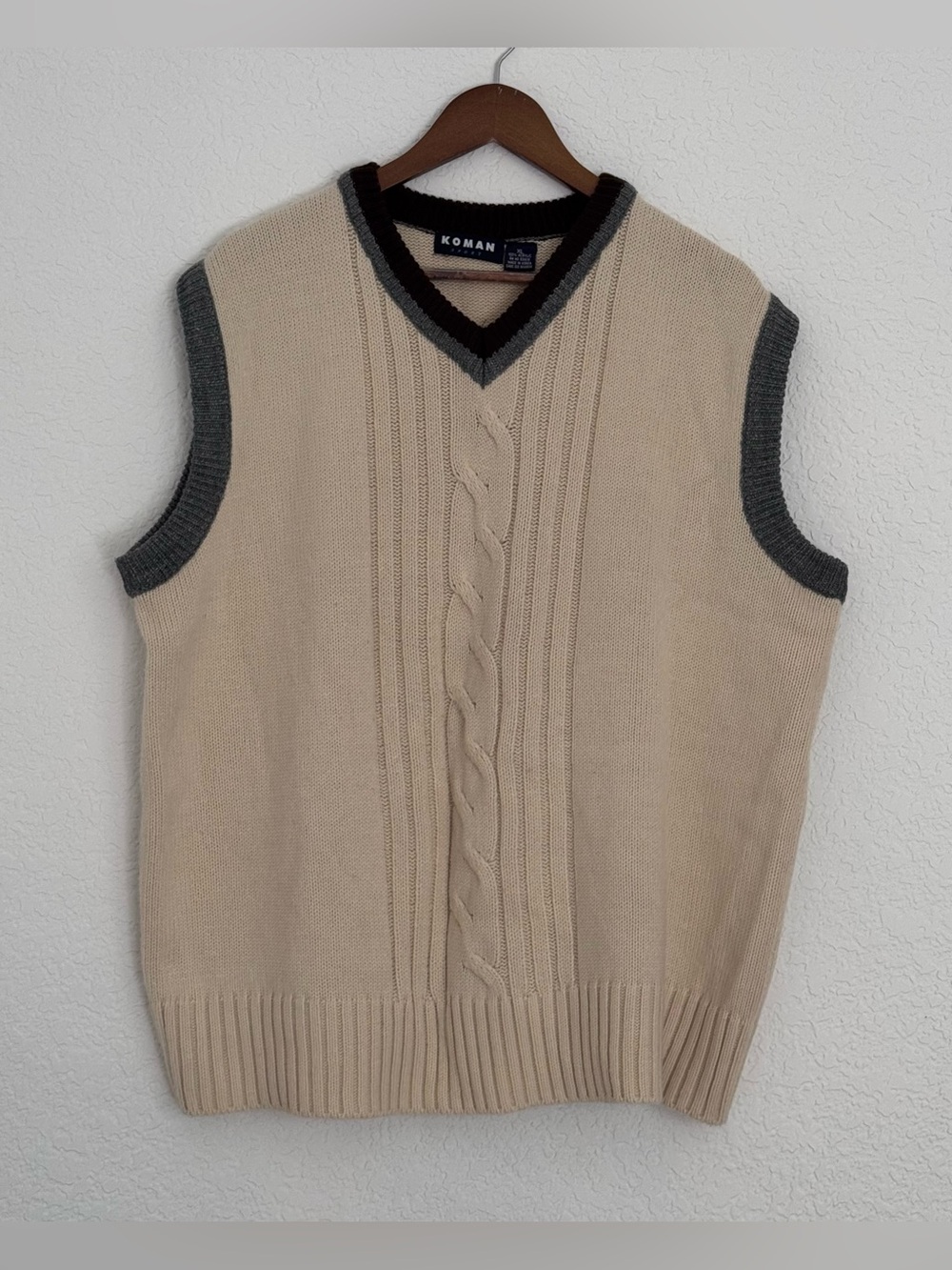 Koman Beige Cable-Knit V-Neck Sweater Vest with Charcoal /Brwon Trim